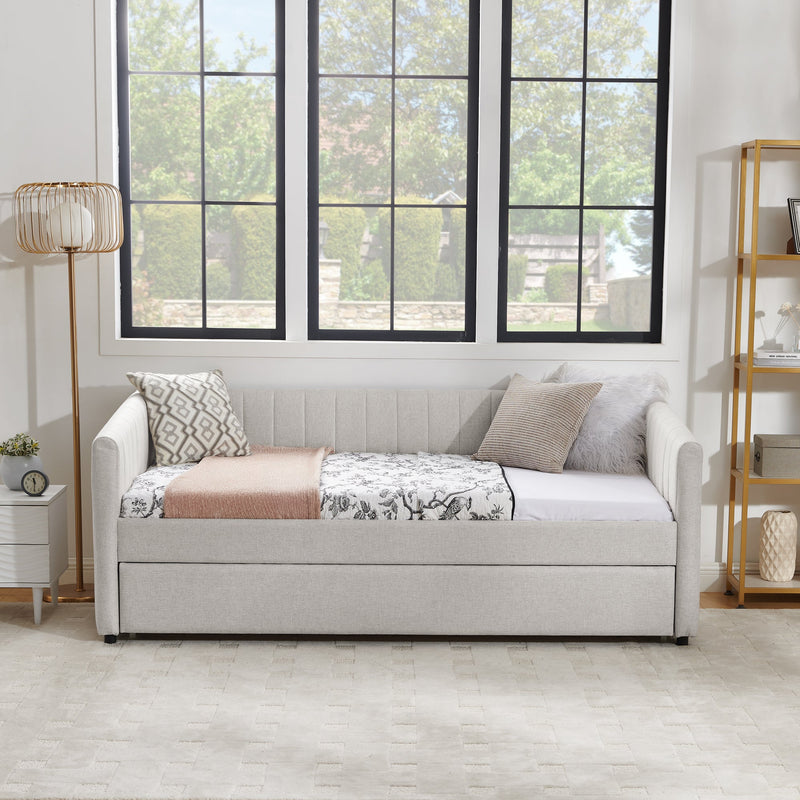 Twin Size Daybed with Trundle Upholstered Sofa Bed, with Vertical Stripes, Linen Fabric, Beige  (82.5'x43'x30')