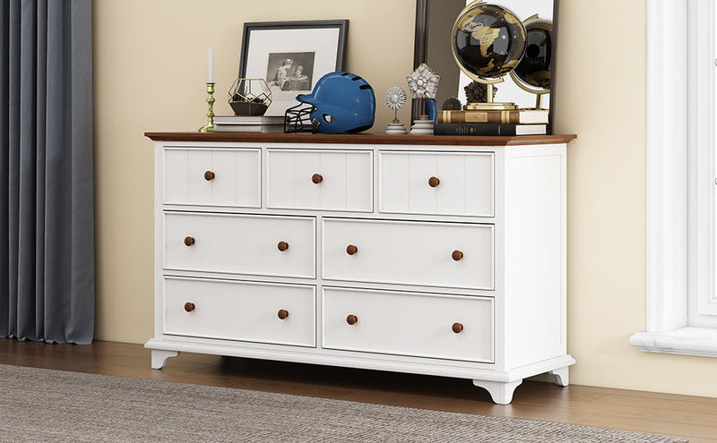 3 Pieces Wooden Captain Bedroom Set Twin Bed with Trundle, Nightstand and Dresser, White + Walnut