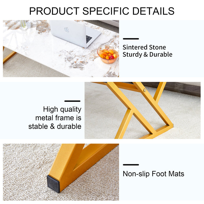 A modern minimalist style marble patterned coffee table with golden metal legs. Computer desk. Game table. Tea table. CT-XX