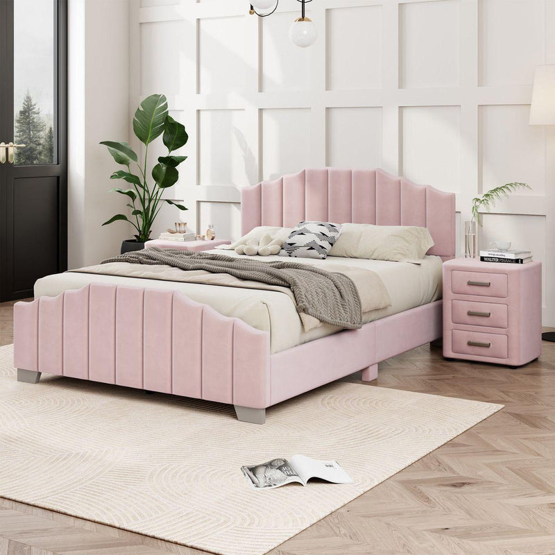 3 Pieces Bedroom Sets Full Size Velvet Upholstered Platform Bed Vertical Channel Tufted Headboard and Two Three-drawer Nightstands,Pink