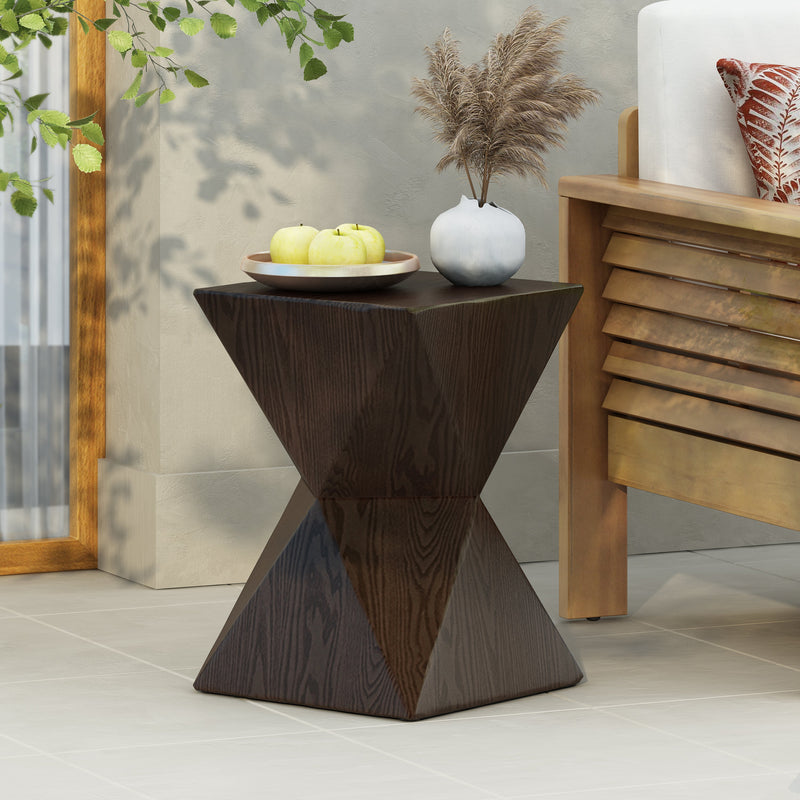 14.25' Natural Wood Grain Finish Prismatic Symmetry Concrete Outdoor Side Table with Symmetric Design – Weather-Resistant Accent for Patio, Garden, or Balcony