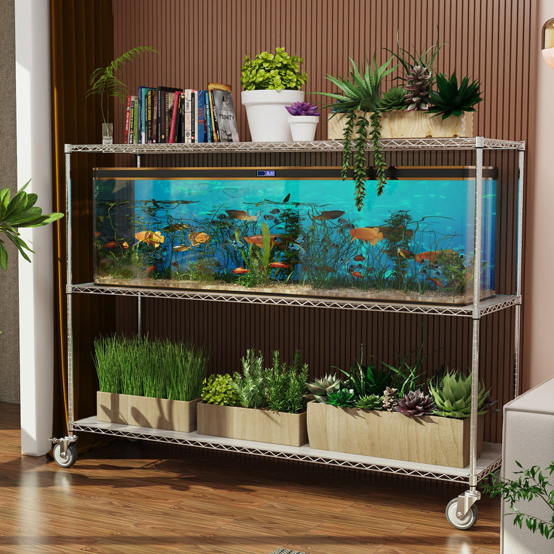 3 Tier Standing Shelf Units, 3000 LBS NSF Height Adjustable Metal Garage Storage Shelves with Wheels, Heavy Duty Storage Rack Metal Shelves - Black - 3T-2472-CHROME