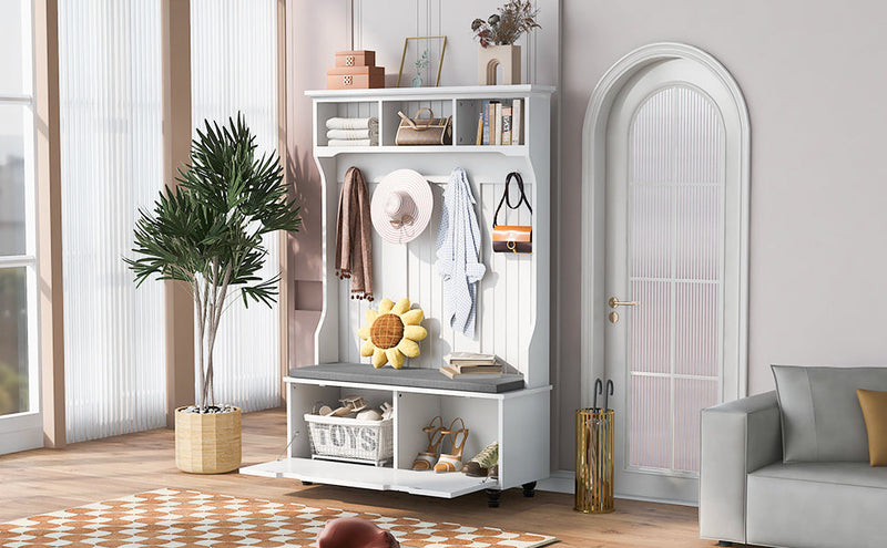 4-in-1 Entryway Bench with Coat Rack, Cushion and 4 Sturdy Hooks, 47.2" Wide Hall Tree with Storage Bench for Hallway, Entryway, Living Room