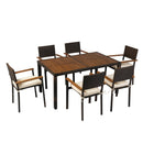 7 piece Outdoor Patio Wicker Dining Set Patio Wicker Furniture Dining Set w/Acacia Wood Top Brown Wicker + Cream Cushion