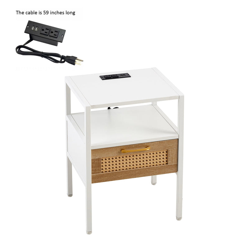 15.75" Rattan End table with Power Outlet & USB Ports, Modern nightstand with drawer and metal legs, side table for living room, bedroom,white(1 PC)