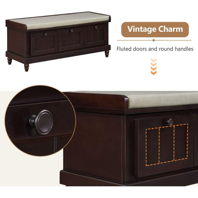 TREXM Classic Shoe Bench with Cushion and Three Drawers, Fluted Entryway Bench with Storage for Living Room, Entryway, and Hallways (Espresso)
