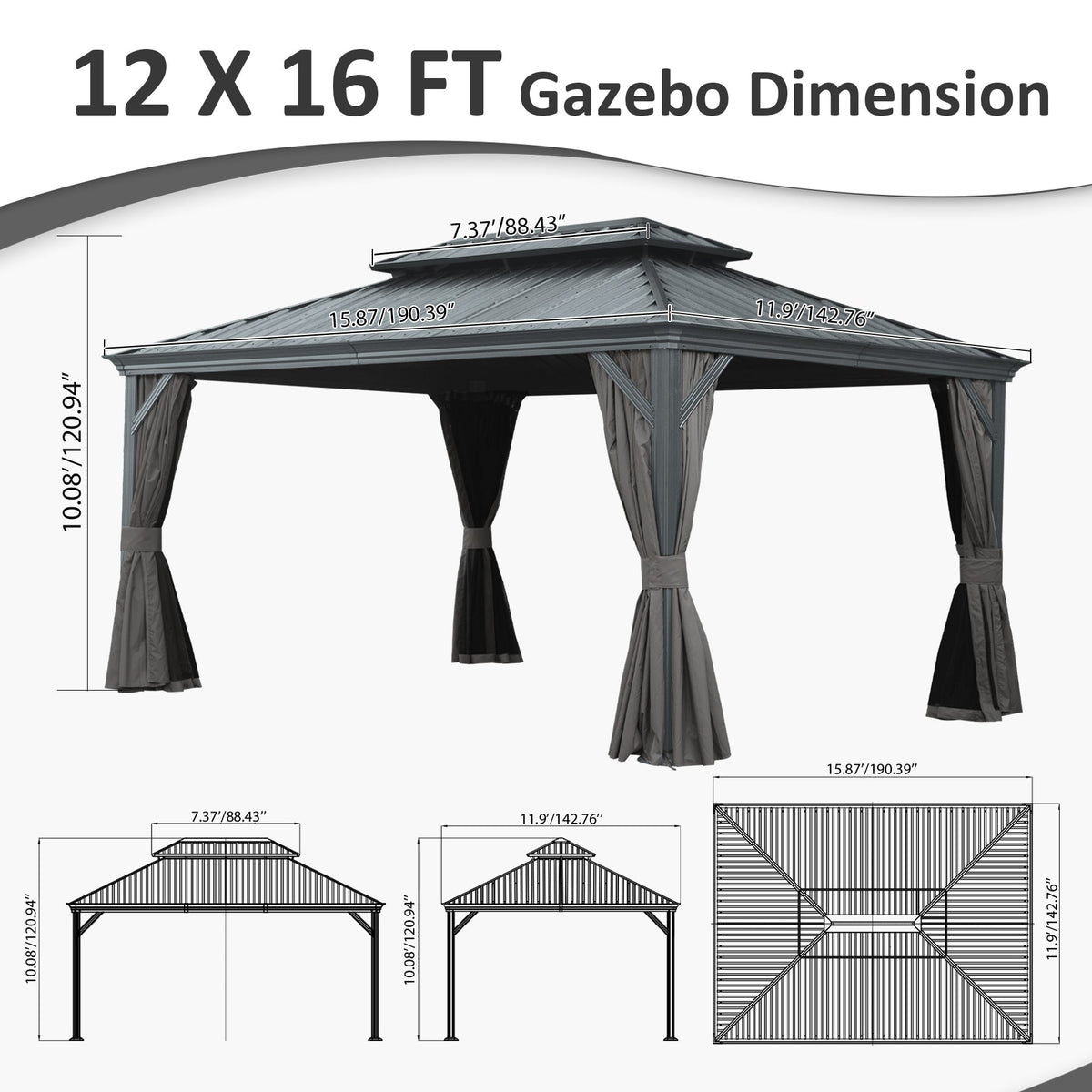 12' x 16' Hardtop Gazebo with Dual-Layer Roof, photo 3 of 6