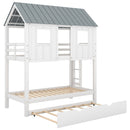 Twin Size House Bunk Bed With Trundle, Roof And Windows - White / Gray by HouseOfZazla