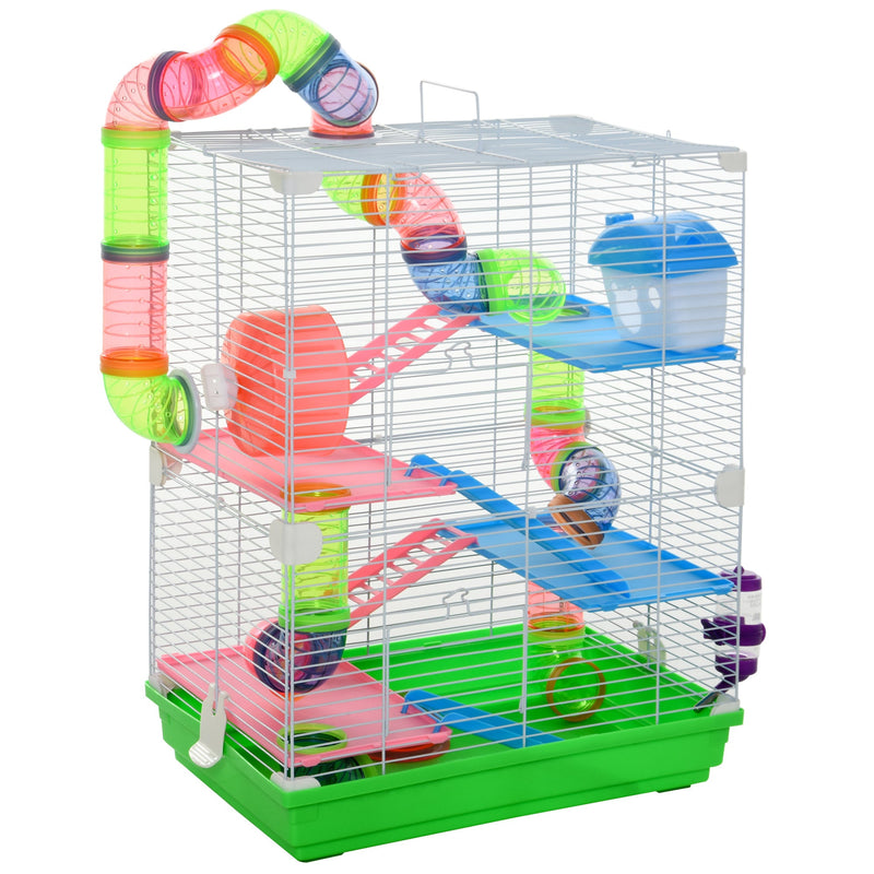 18" 5 Tier Hamster Cage with Tubes and Tunnels, Small Animal Cage with Portable Carry Handle, Rat Gerbil Cage with Water Bottle, Food Dish, Exercise Wheel