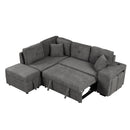87.7" Convertible Sleeper, Sectional Pull Out Sofa Bed with Storage Ottoman, 2 Throw Pillows, 2 Stools, Wireless Charger and Two Hidden USB Ports for Living Room, Dark Gray