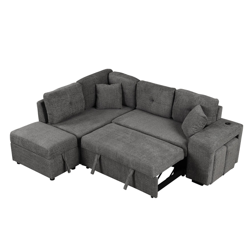 87.7" Convertible Sleeper, Sectional Pull Out Sofa Bed with Storage Ottoman, 2 Throw Pillows, 2 Stools, Wireless Charger and Two Hidden USB Ports for Living Room, Dark Gray