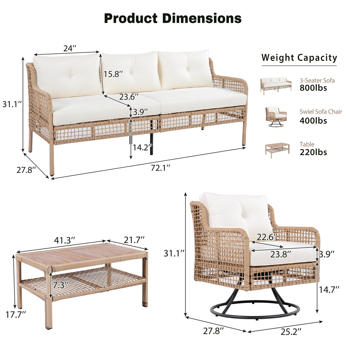 4 Pieces Patio Furniture Set with Swivel Chairs, photo 6 of 10
