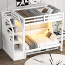 Full Long Loft Bed With Storage Staircase, Murphy Bed, LED Light - White by Unique Piece Furniture
