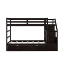 Twin Over Twin Bunk Bed With Twin Size Trundle And 3 Storage Stairs - Espresso by HouseOfZazla