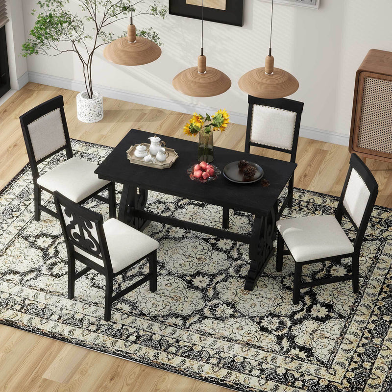 5-Piece Retro Dining Set, Rectangular Wooden Dining Table and 4 Upholstered Chairs for Dining Room and Kitchen (Black)