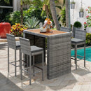5-piece Outdoor Patio Wicker Bar Set, Bar Height Chairs With Non-Slip Feet And Fixed Rope, Removable Cushion, Acacia Wood Table Top, Brown Wood And Gray Wicker by Montret