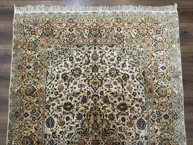 Rare Silk Persian Kashan Rug 4.6 x 7, Antique Fine 310 KPSI, Ivory