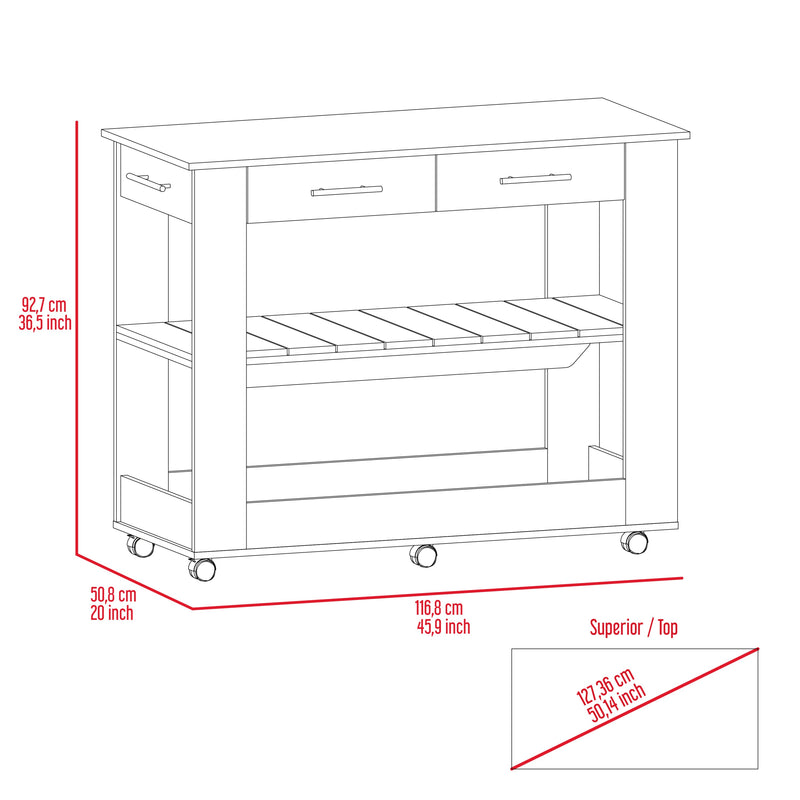 Cala Kitchen Island 46, Six Casters, Two Drawers, Lower Open Shelf -Black / Light Oak