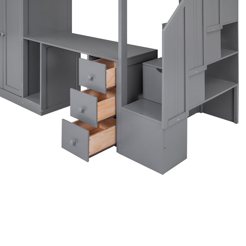 Walker Edison | Twin Size Loft Bed with Wardrobe and Staircase, Desk and Storage