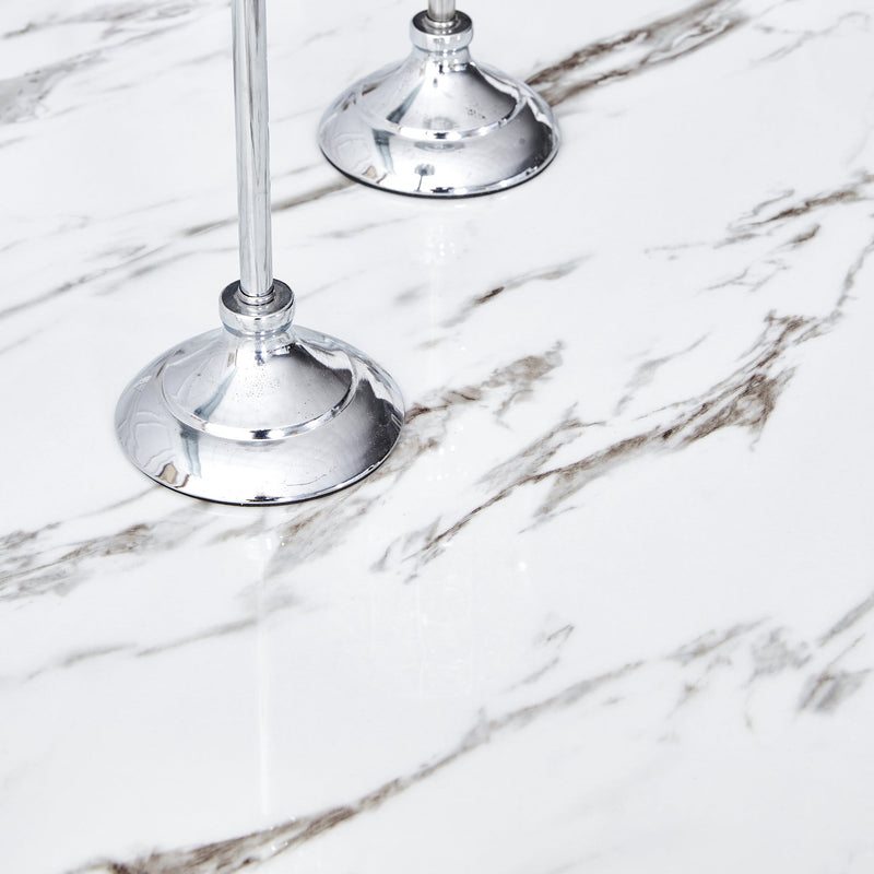 A modern, minimalist, and luxurious dining table with a white imitation marble tabletop and MDF legs with U-shaped brackets. Tables in restaurants and living rooms 63"x35.4"x30 F-U