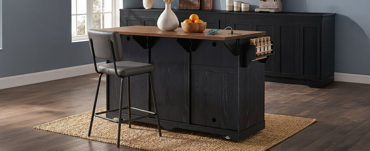 K&K 72" Farmhouse Kitchen Island with Fridge Storage Space & Power Outlet, photo 5 of 10