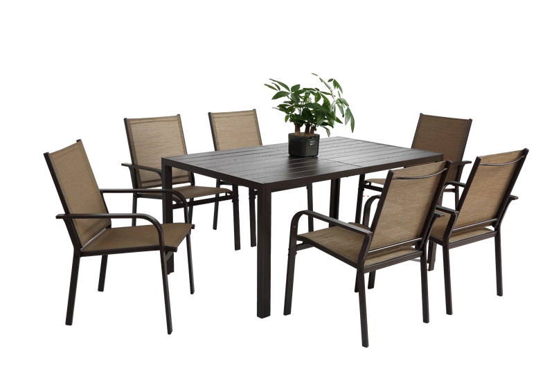 7 Pieces Patio Dining Set,  Outdoor Furniture Table and 6 Textilene Chairs, Outdoor Furniture with Rectangular Table and 6 Stackable Chairs Family Conversation Set for Garden Backyard Deck-Brown