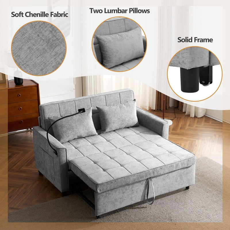 56.9' Loveseat Sofa Pull-out Sofa Bed Sleeper Sofa with a Reversible Backrest Cushion, Side Pockets, Two USB Ports and a Phone Holder for Living Room, Grey