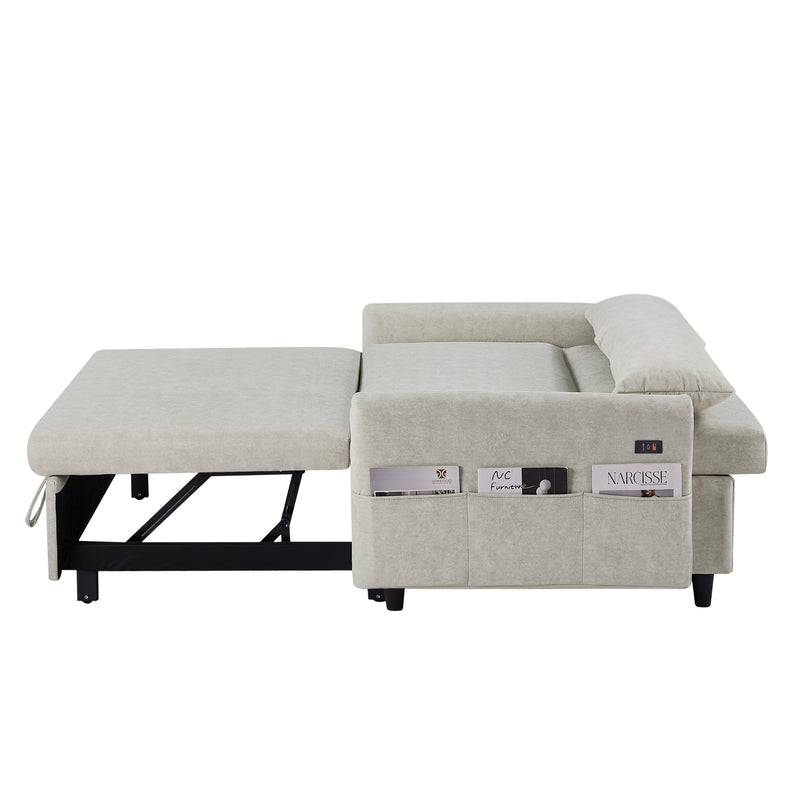 55.1" Pull Out Sleep Sofa Bed Loveseats Sofa Couch with Adjustable Backrest, Storage Pockets, 2 Soft Pillows, USB Ports for Living Room, Bedroom, Apartment, Office, Beige