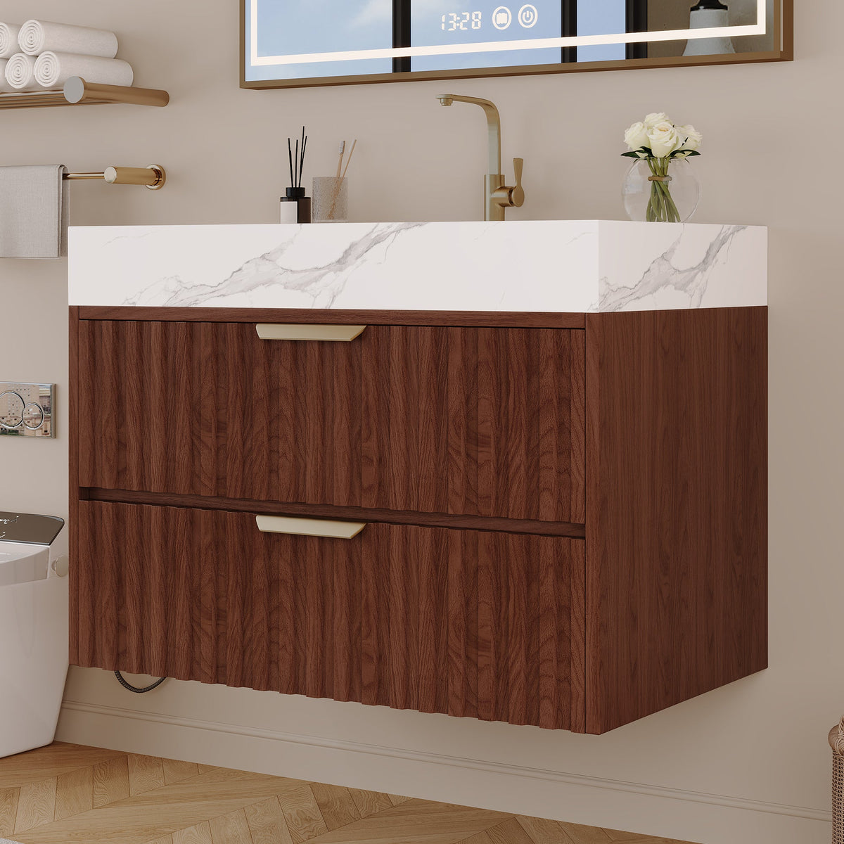 30" Modern Floating Bathroom Vanity with Seamless Sintered Stone Top, photo 7 of 10