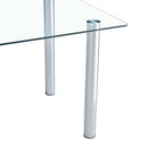 A modern minimalist style glass dining table. Transparent tempered glass tabletop with a thickness of 0.3 feet and silver metal legs. Suitable for restaurants and living rooms. 63 "x 35.4" x 30"