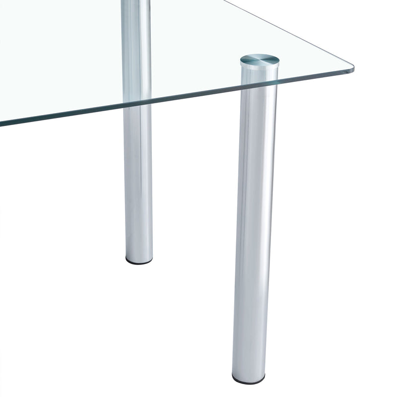 A modern minimalist style glass dining table. Transparent tempered glass tabletop with a thickness of 0.3 feet and silver metal legs. Suitable for restaurants and living rooms. 63 "x 35.4" x 30"