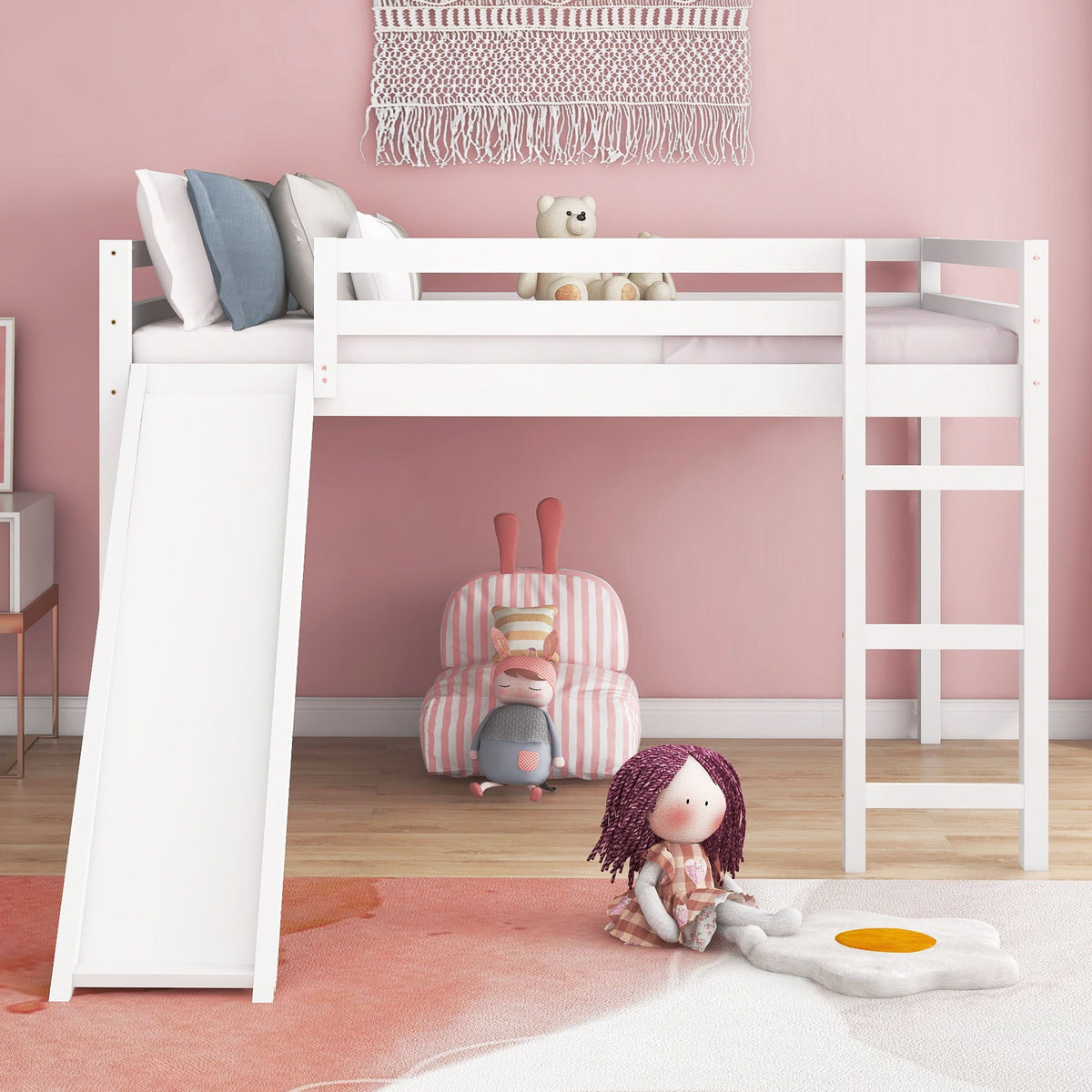 Full Loft Bed With Slide, Multifunctional Design - White, photo 10 of 14