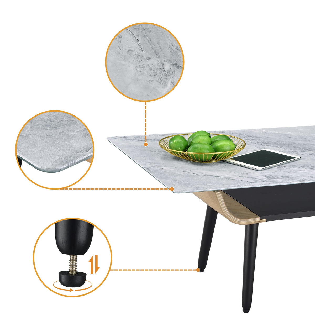 Landon - Coffee Table With Glass Marble Texture Top And Bent Wood Design, photo 13 of 15