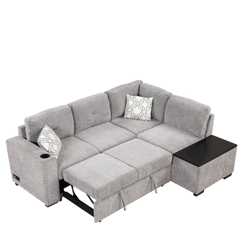 83.8" Reversible Sectional Pull-Out Sofa Bed L-Shaped Corner Sofa Couch with Storage Chaise, USB Ports, Power Sockets, Cup Holder for Living Room, Bedroom, Study,Light Gray