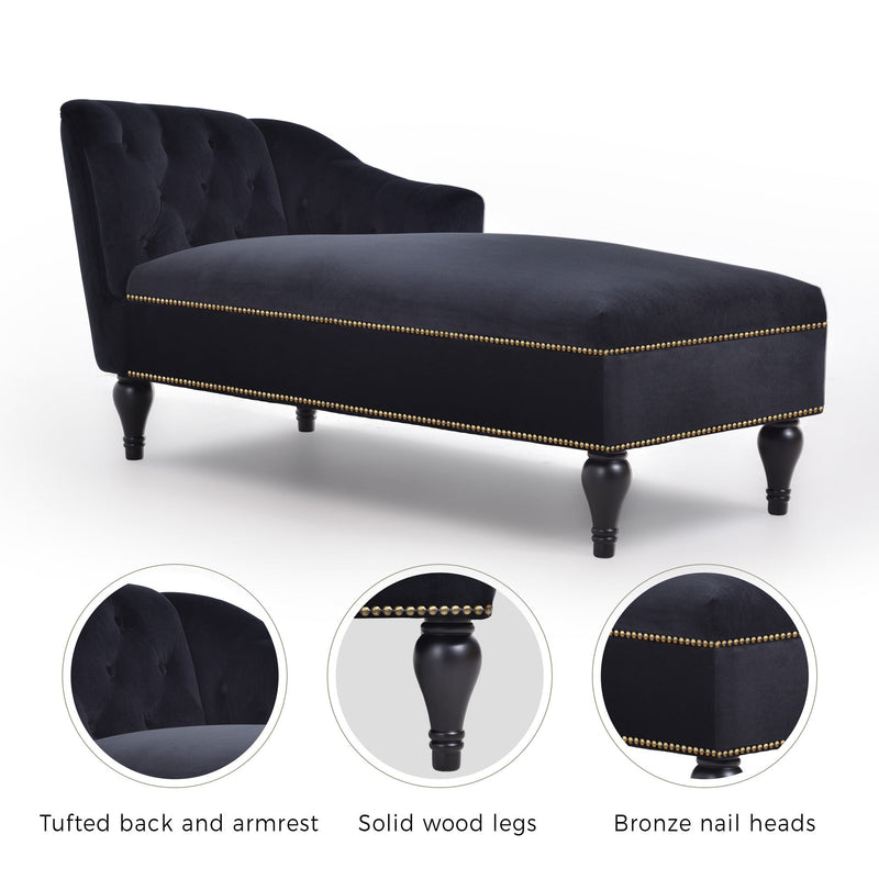 58" Velvet Chaise Lounge, Button Tufted Right Arm Facing Lounge Chair with Nailhead Trim & Solid Wood Legs for Living Room or Office, Sleeper Lounge Sofa (Black)