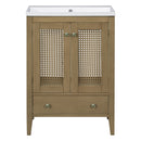 24" Bathroom Vanity with Ceramic Basin, Rattan Bathroom Storage Cabinet with Two Doors and Drawer, Solid Frame, Natural