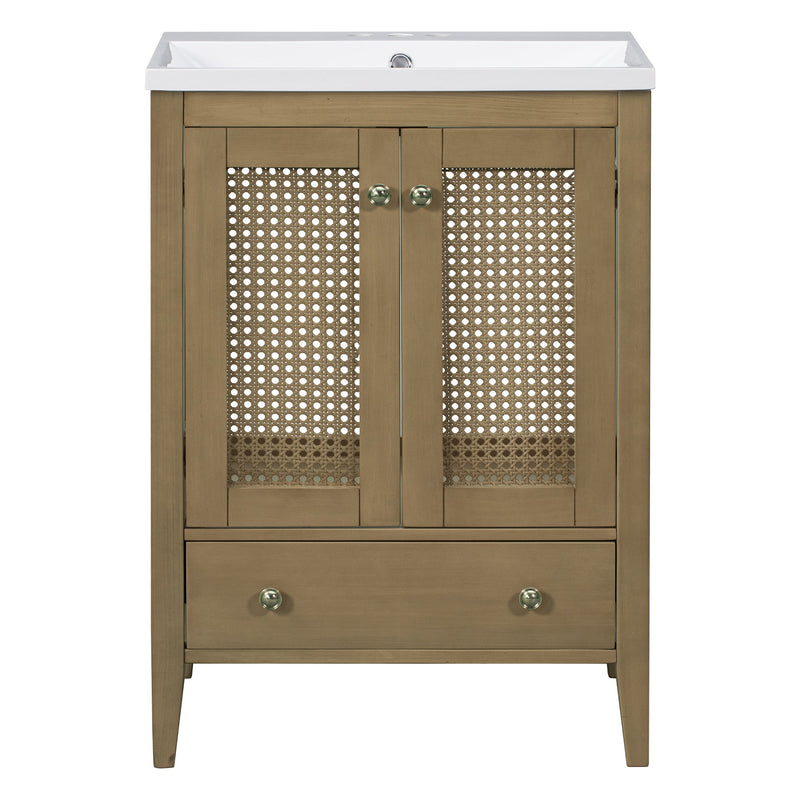 24" Bathroom Vanity with Ceramic Basin, Rattan Bathroom Storage Cabinet with Two Doors and Drawer, Solid Frame, Natural