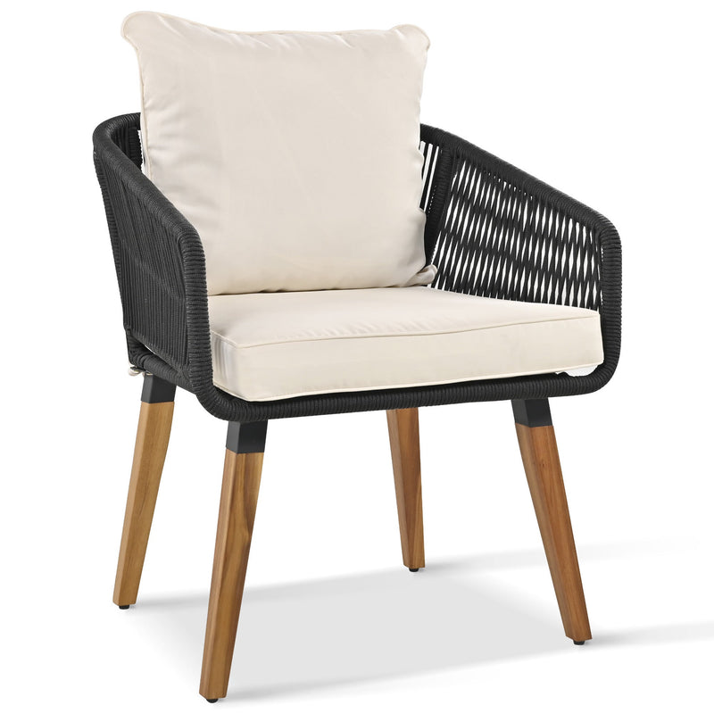 6-Piece Rope Patio Furniture Set, Outdoor Furniture with Acacia Wood Cool Bar Table with Ice Bucket, Deep Seat Patio Conversation Set with Two Stools for Backyard Porch Balcony (Black & Beige)