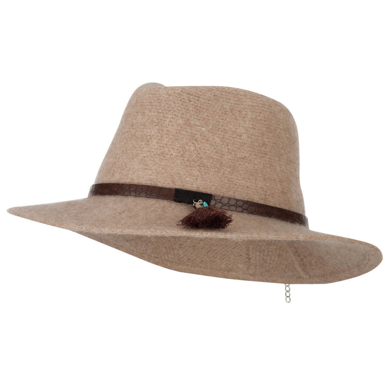 Women's Crocodile Print Trim Band with Tassel and Bead Accent Wool Fedora Hat