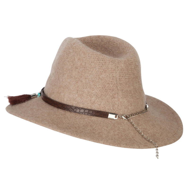 Women's Crocodile Print Trim Band with Tassel and Bead Accent Wool Fedora Hat