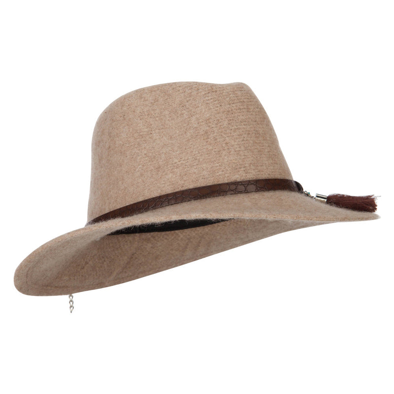 Women's Crocodile Print Trim Band with Tassel and Bead Accent Wool Fedora Hat