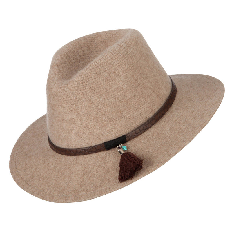 Women's Crocodile Print Trim Band with Tassel and Bead Accent Wool Fedora Hat