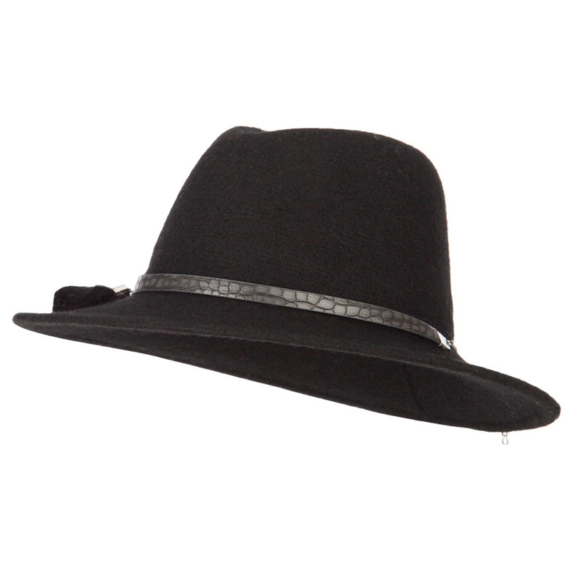 Women's Crocodile Print Trim Band with Tassel and Bead Accent Wool Fedora Hat