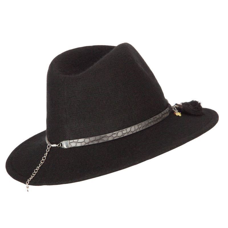 Women's Crocodile Print Trim Band with Tassel and Bead Accent Wool Fedora Hat
