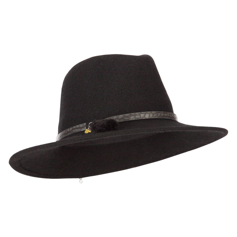 Women's Crocodile Print Trim Band with Tassel and Bead Accent Wool Fedora Hat