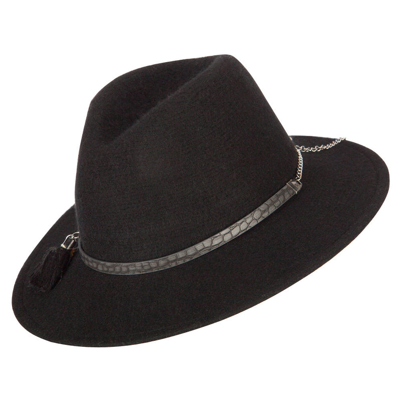 Women's Crocodile Print Trim Band with Tassel and Bead Accent Wool Fedora Hat