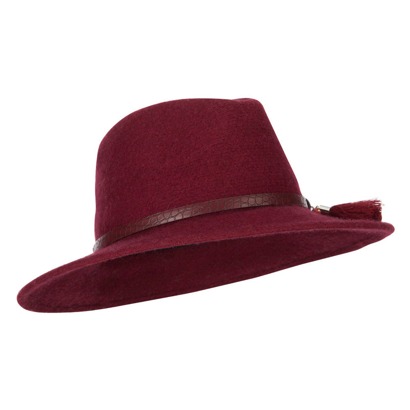 Women's Crocodile Print Trim Band with Tassel and Bead Accent Wool Fedora Hat