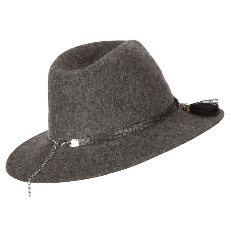 Women's Crocodile Print Trim Band with Tassel and Bead Accent Wool Fedora Hat