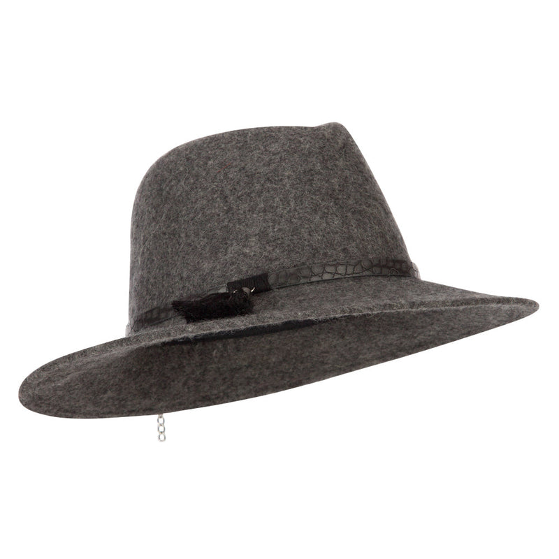 Women's Crocodile Print Trim Band with Tassel and Bead Accent Wool Fedora Hat