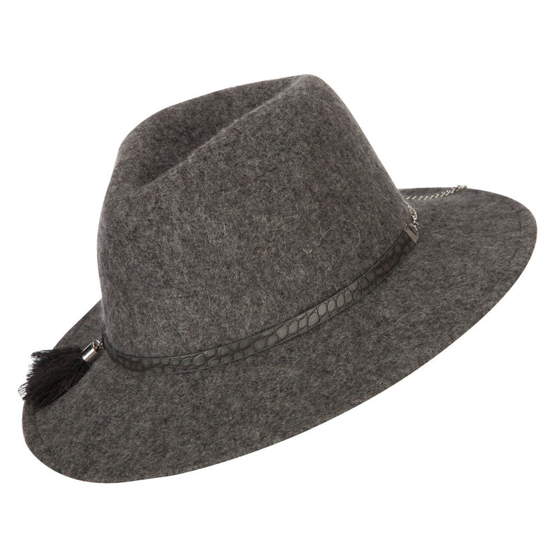 Women's Crocodile Print Trim Band with Tassel and Bead Accent Wool Fedora Hat
